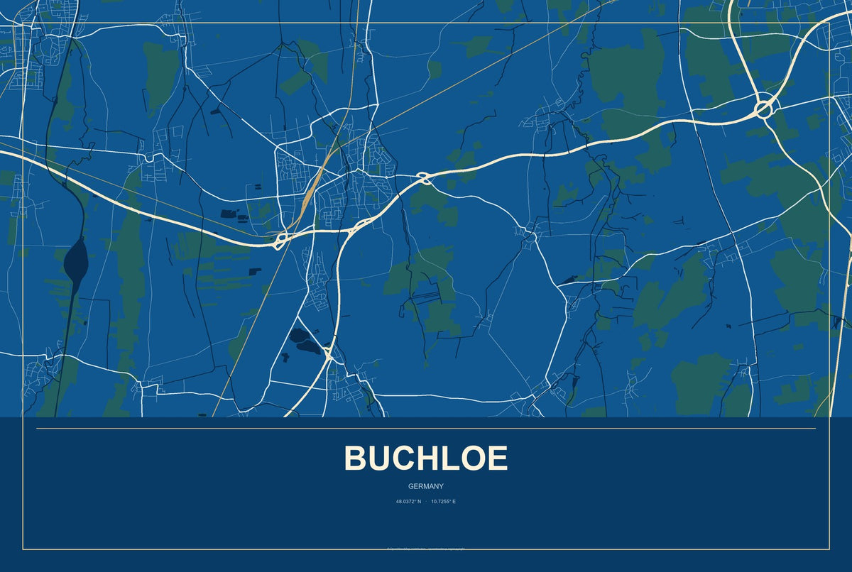 Buchloe, Germany City Map Aluminum Sign in Harbor Cobalt style