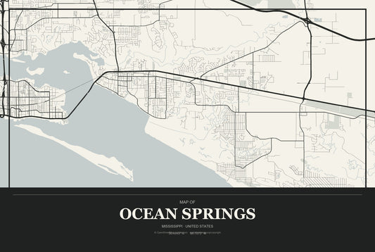Ocean Springs, Mississippi City Map Aluminum Sign in Museum Plaque style