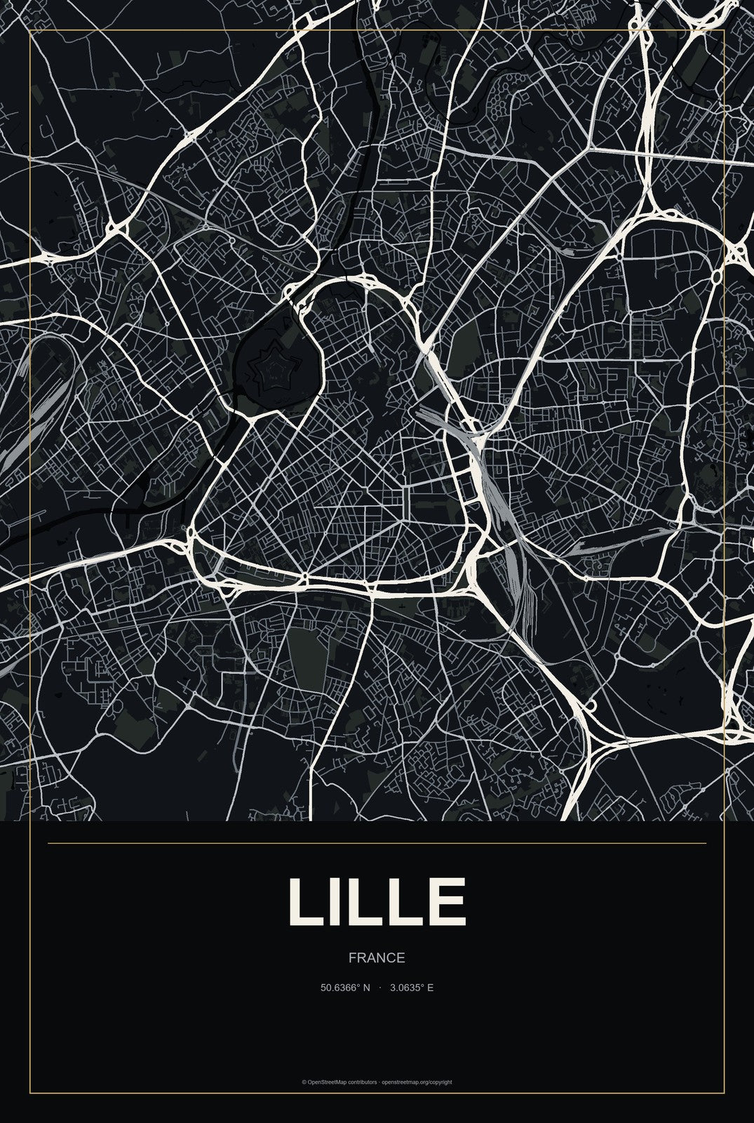 Lille, France City Map Aluminum Sign in Metropolitan Noir style