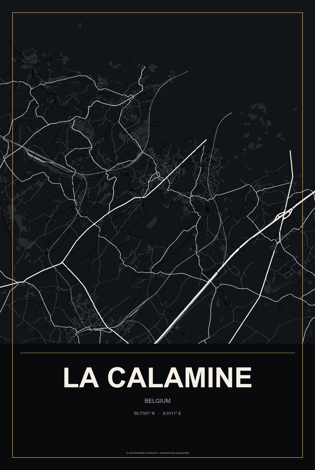La Calamine, Belgium City Map Aluminum Sign in Metropolitan Noir style