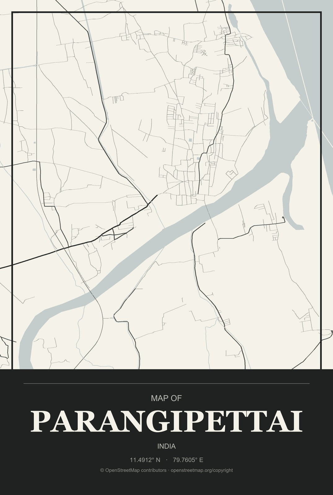 Parangipettai, India City Map Aluminum Sign in Museum Plaque style