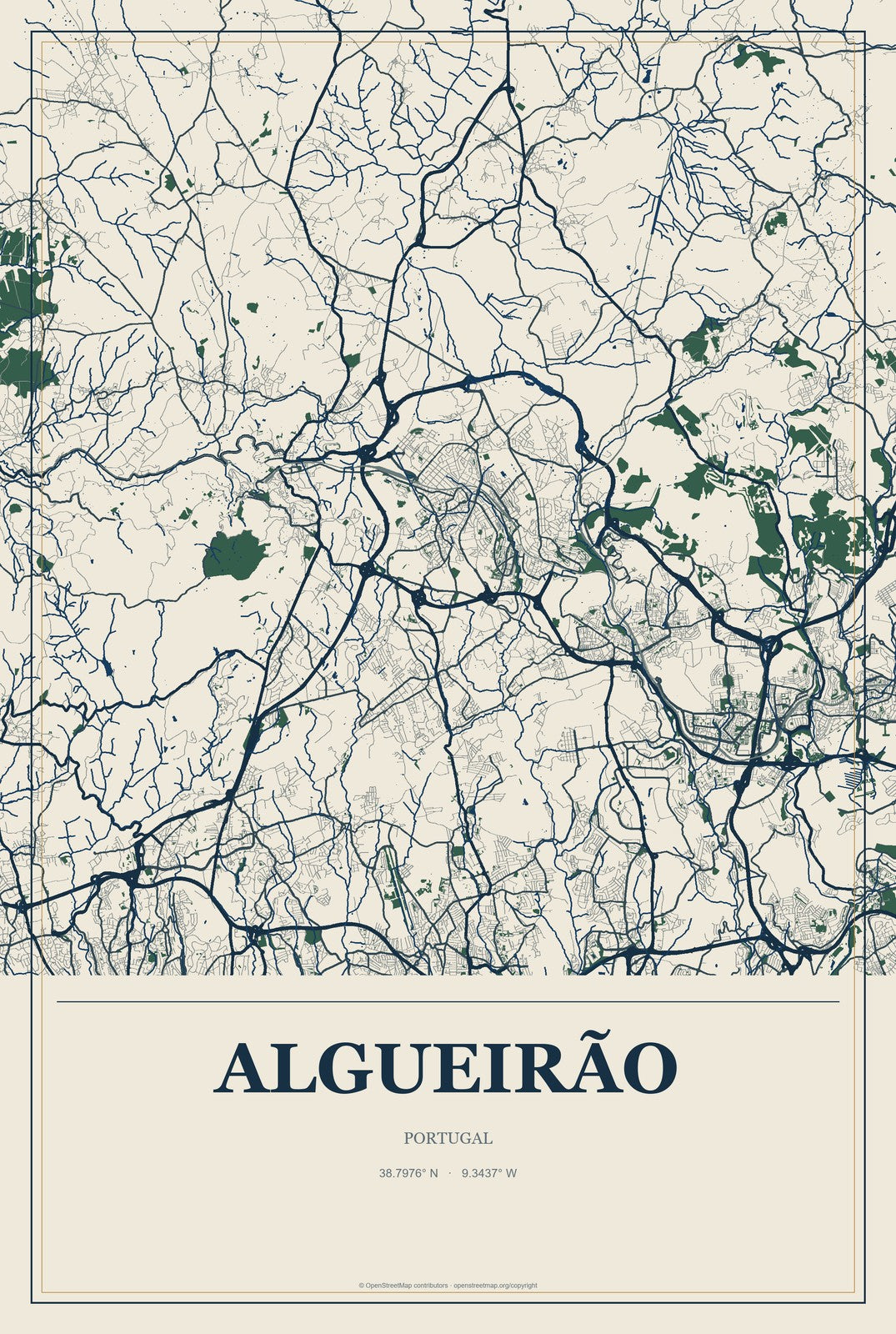 Algueirão, Portugal City Map Aluminum Sign in Coastal Cutout style