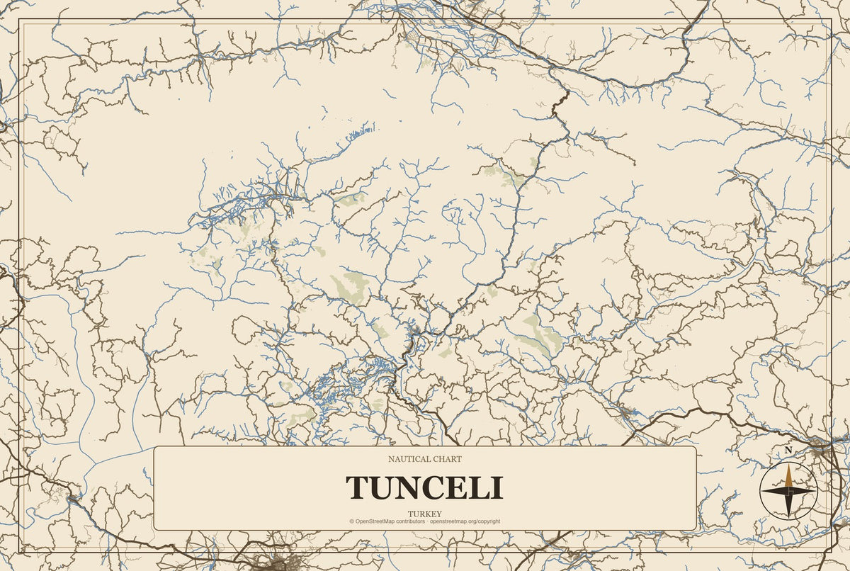 Tunceli, Turkey City Map Aluminum Sign in Heritage Nautical style