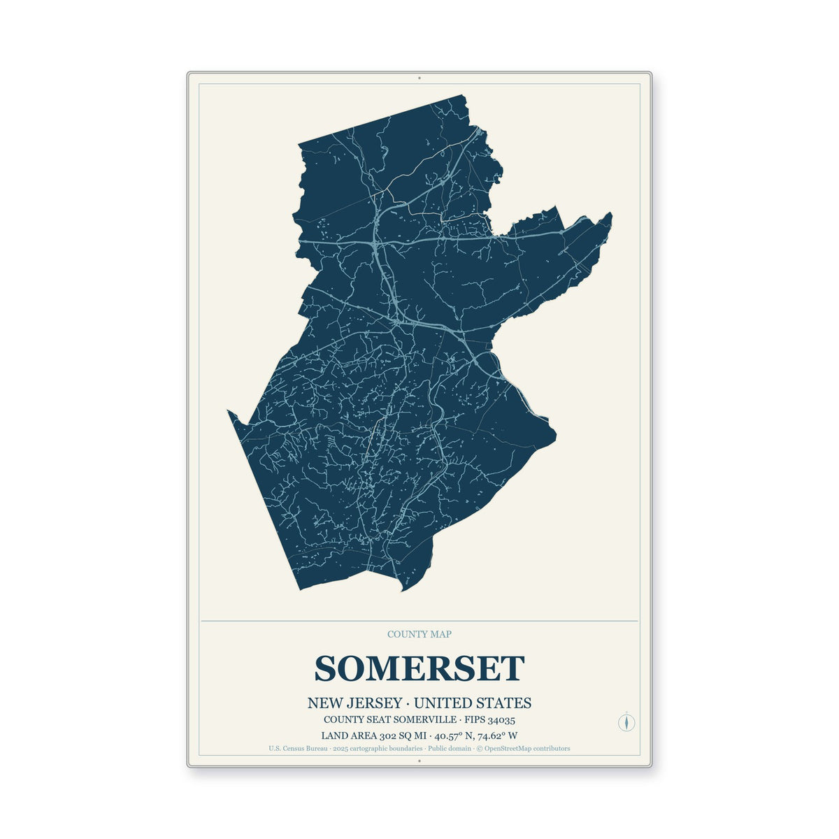 Somerset County, New Jersey Map Aluminum Sign in Coastal Cutout style