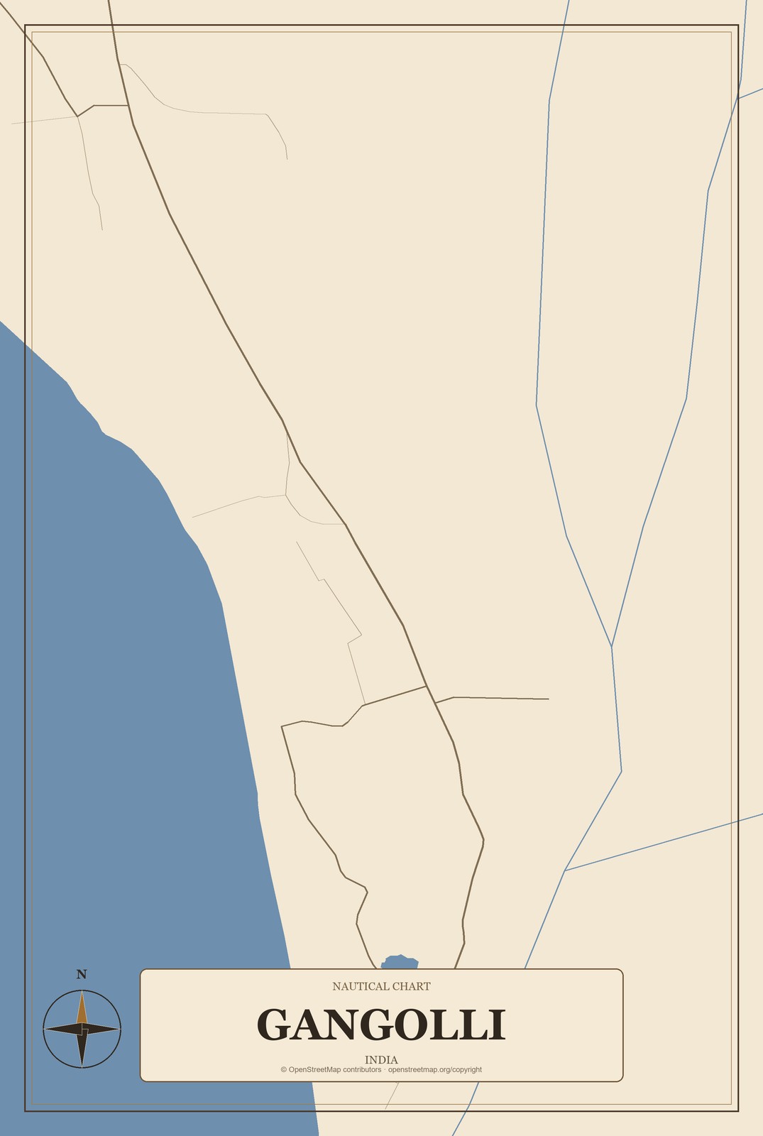 Gangolli, India City Map Aluminum Sign in Heritage Nautical style