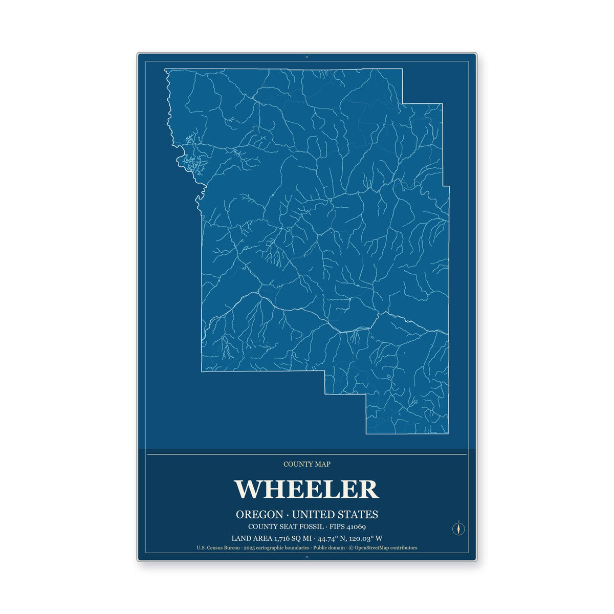 Wheeler County, Oregon Map Aluminum Sign in Harbor Cobalt style
