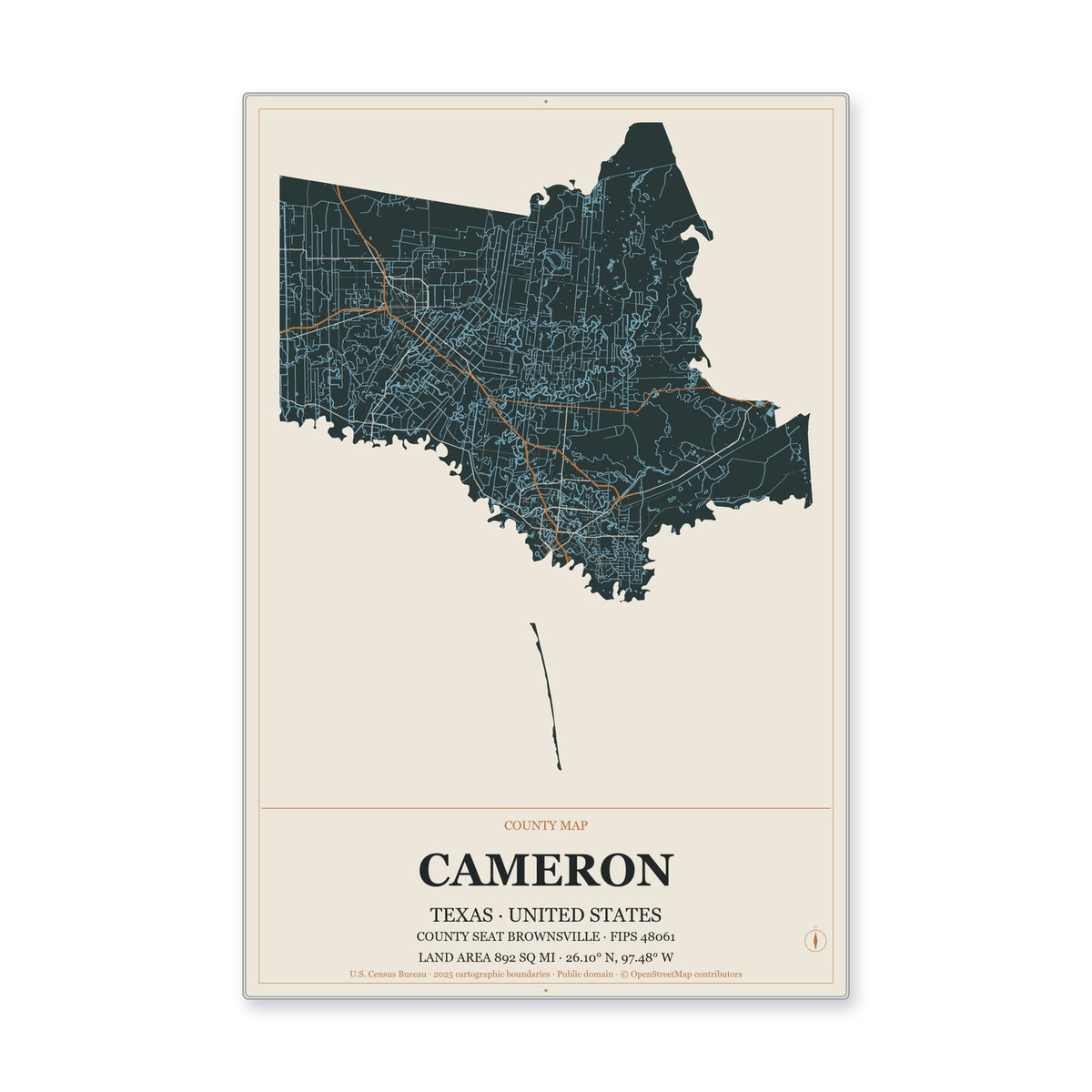 Cameron County, Texas Map Aluminum Sign in Headline Atlas style