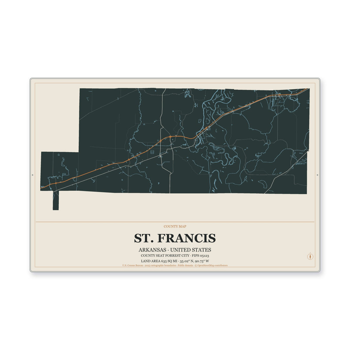 St. Francis County, Arkansas Map Aluminum Sign in Headline Atlas style