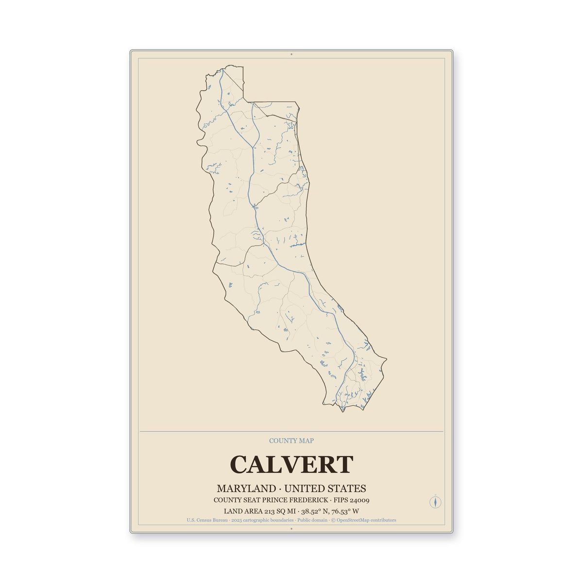 Calvert County, Maryland Map Aluminum Sign in Heritage Nautical style