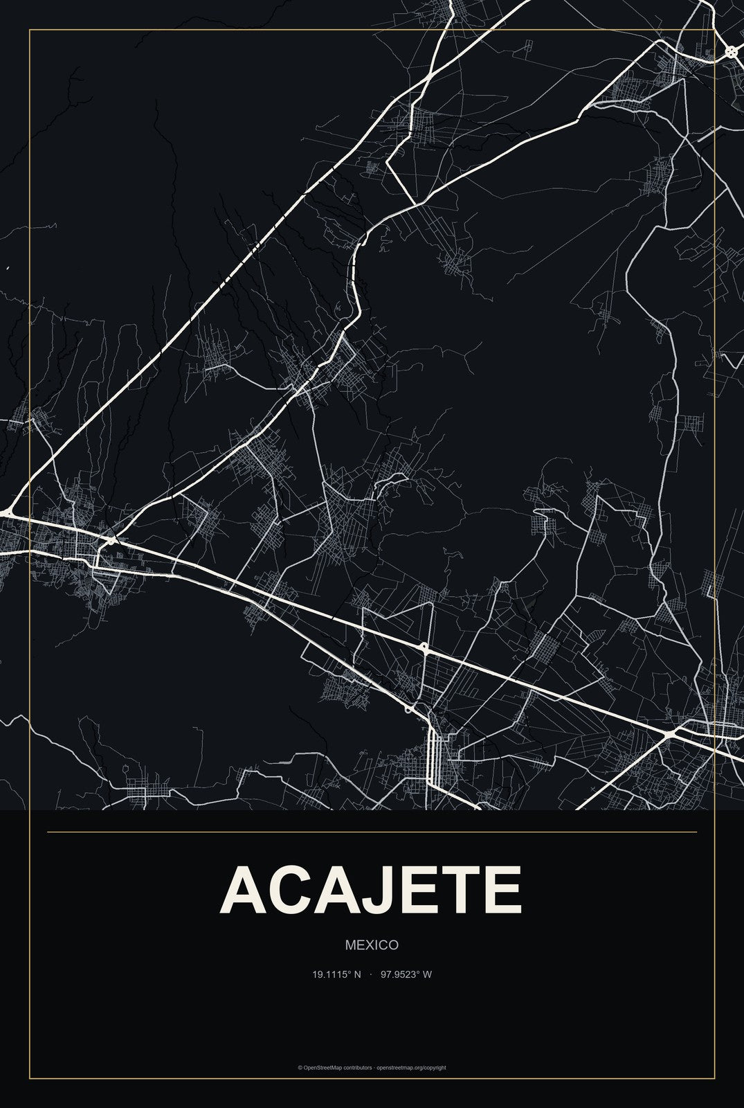 Acajete, Mexico City Map Aluminum Sign in Metropolitan Noir style
