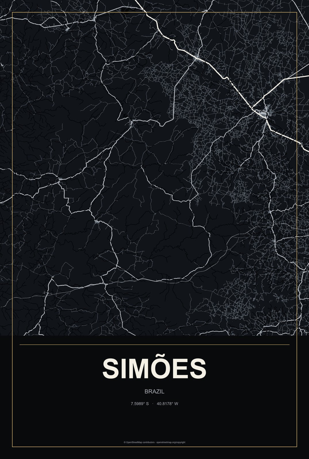 Simões, Brazil City Map Aluminum Sign in Metropolitan Noir style
