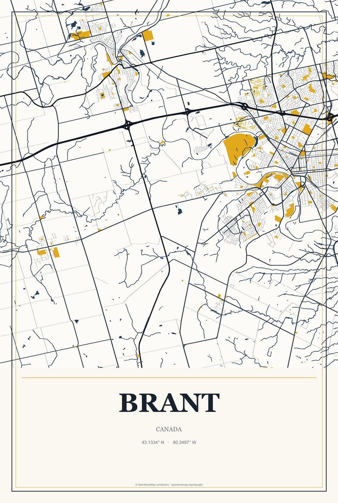 Brant, Canada City Map Aluminum Sign in Citrine Modern style