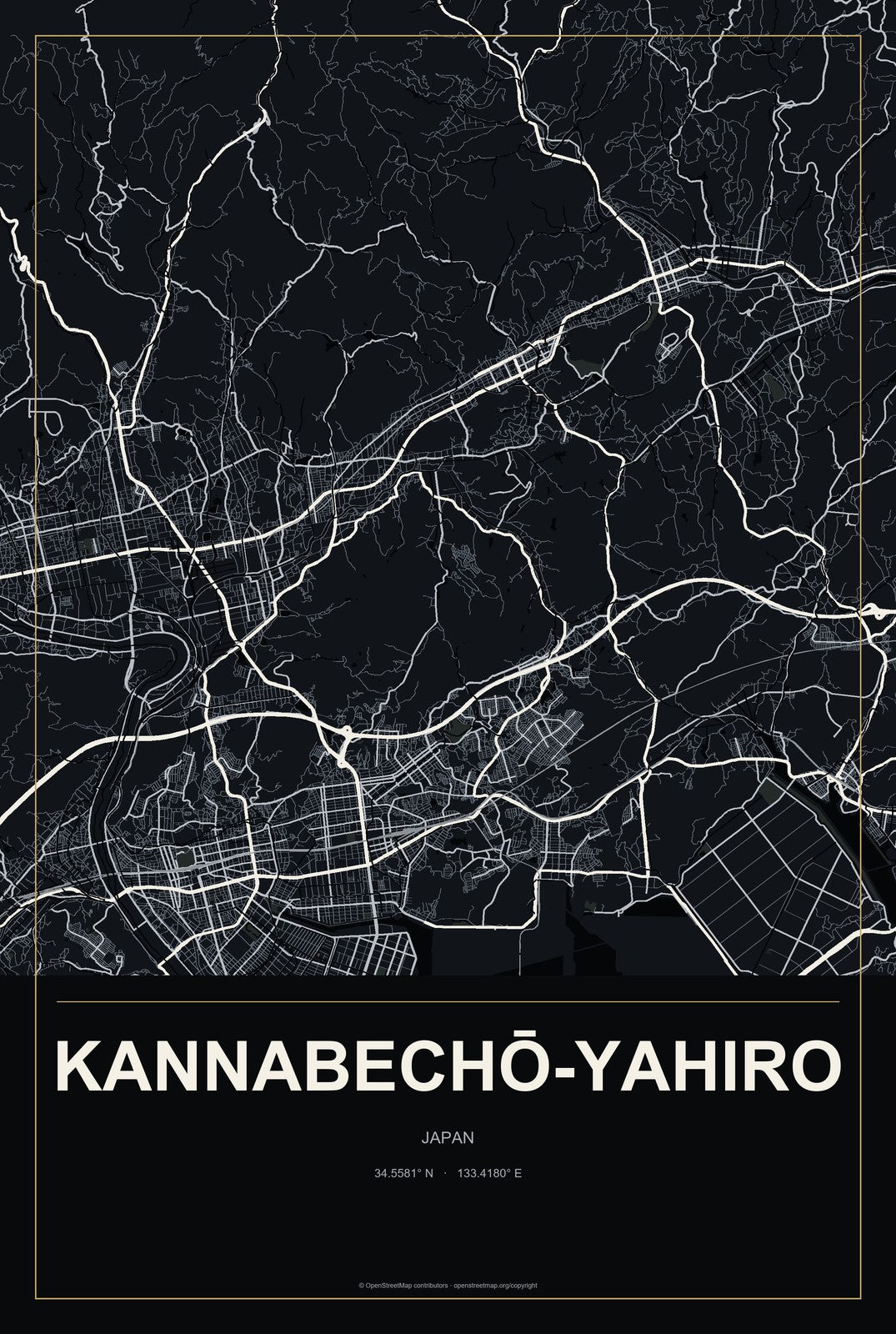Kannabechō-yahiro, Japan City Map Aluminum Sign in Metropolitan Noir style