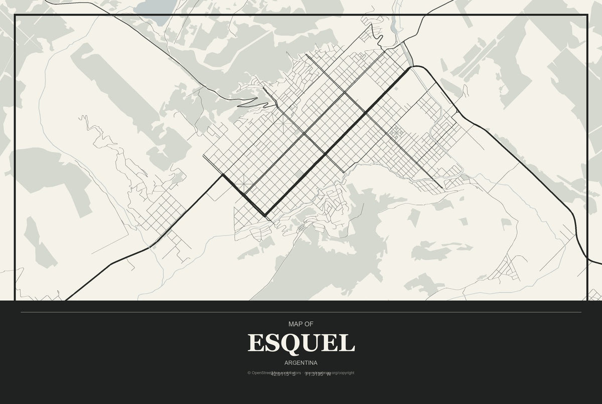 Esquel, Argentina City Map Aluminum Sign in Museum Plaque style