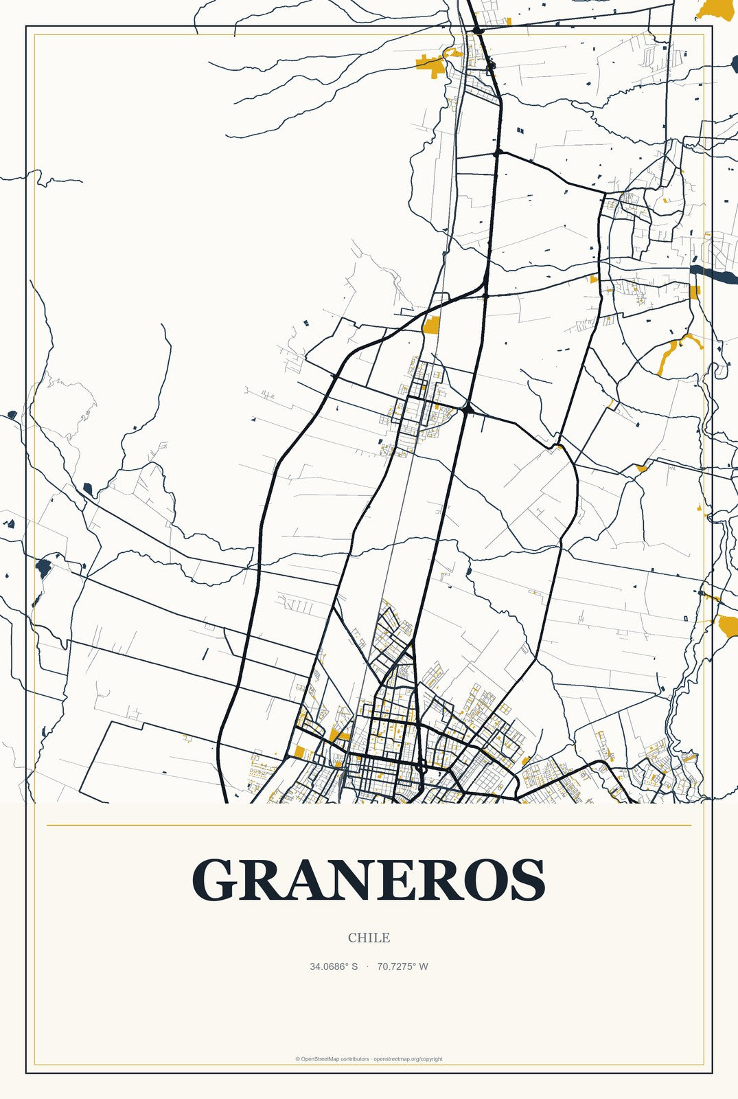 Graneros, Chile City Map Aluminum Sign in Citrine Modern style
