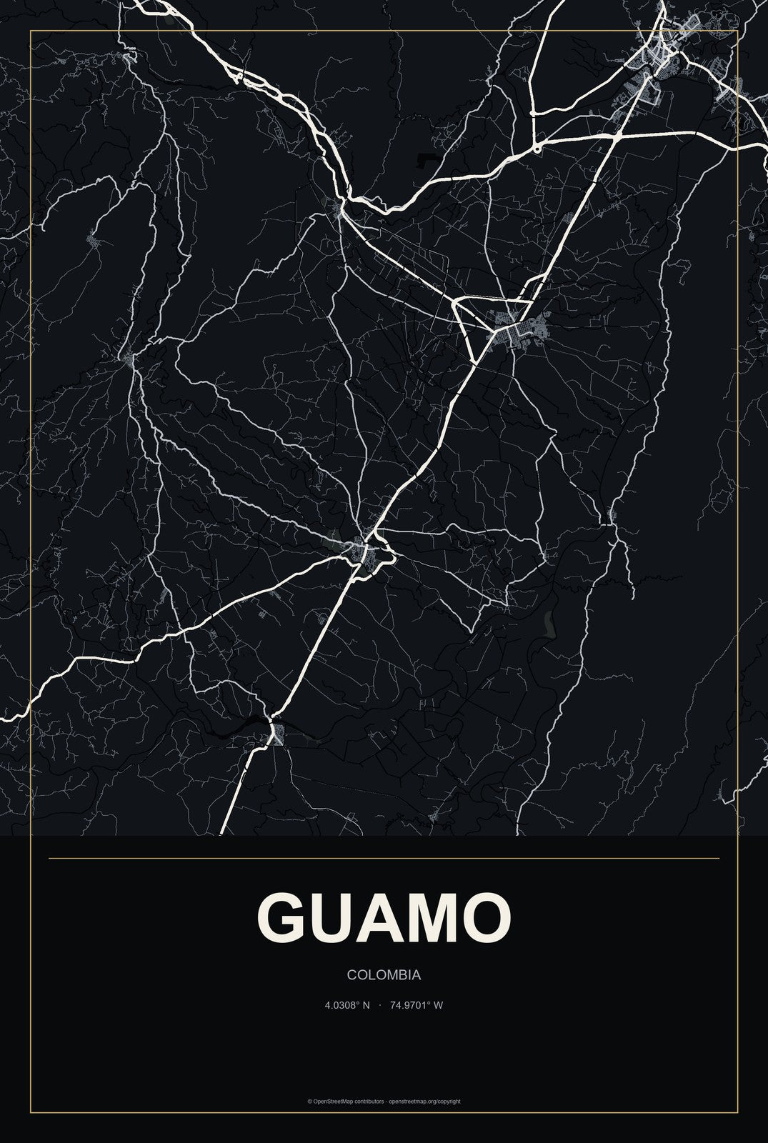 Guamo, Colombia City Map Aluminum Sign in Metropolitan Noir style