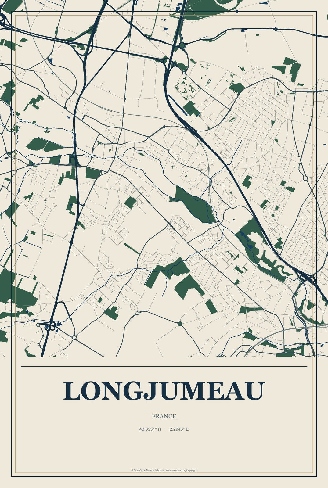 Longjumeau, France City Map Aluminum Sign in Coastal Cutout style