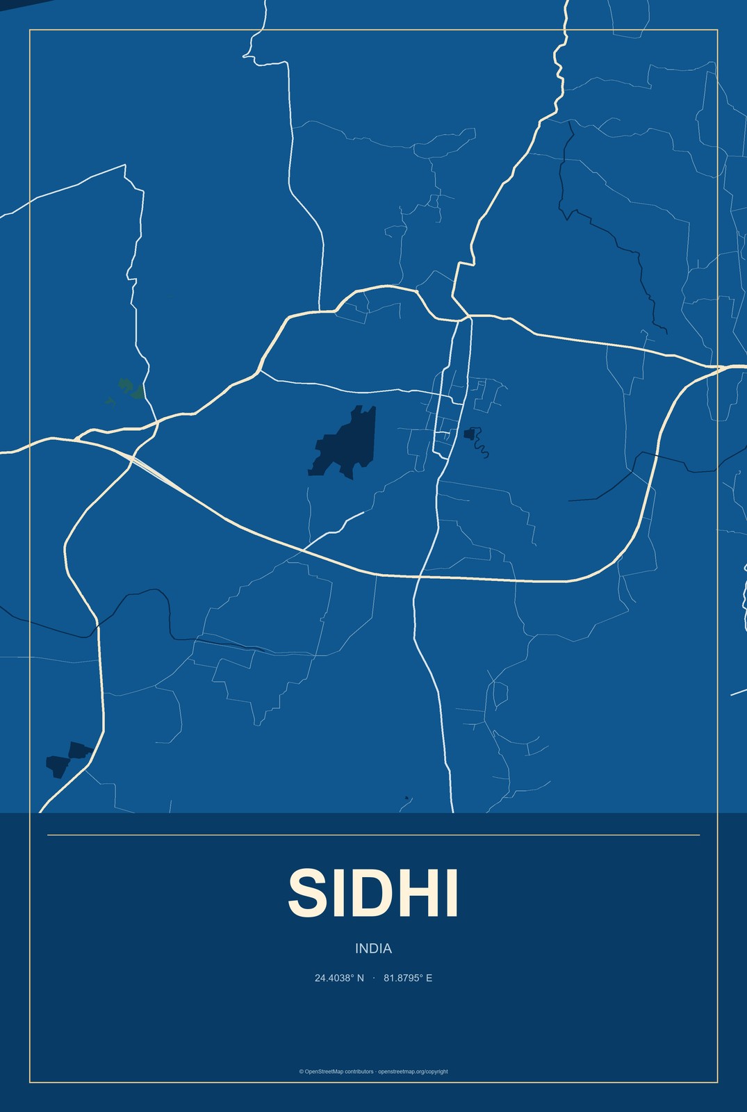 Sidhi, India City Map Aluminum Sign in Harbor Cobalt style