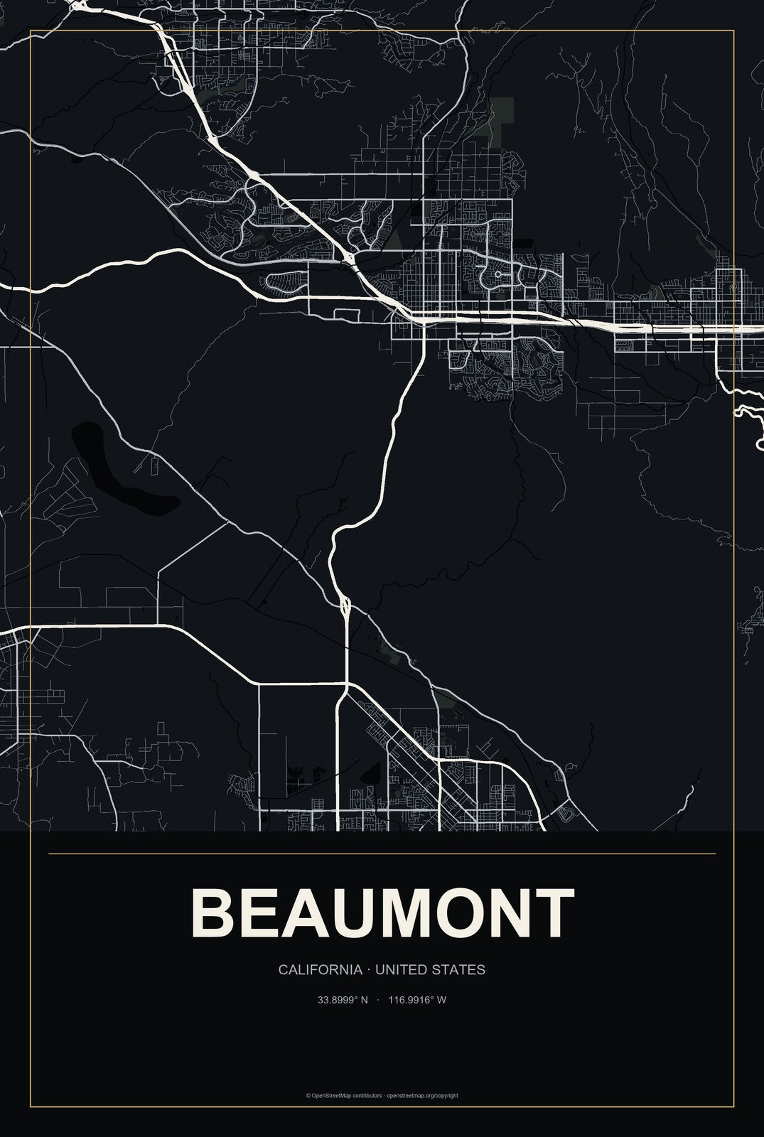 Beaumont, California City Map Aluminum Sign in Metropolitan Noir style