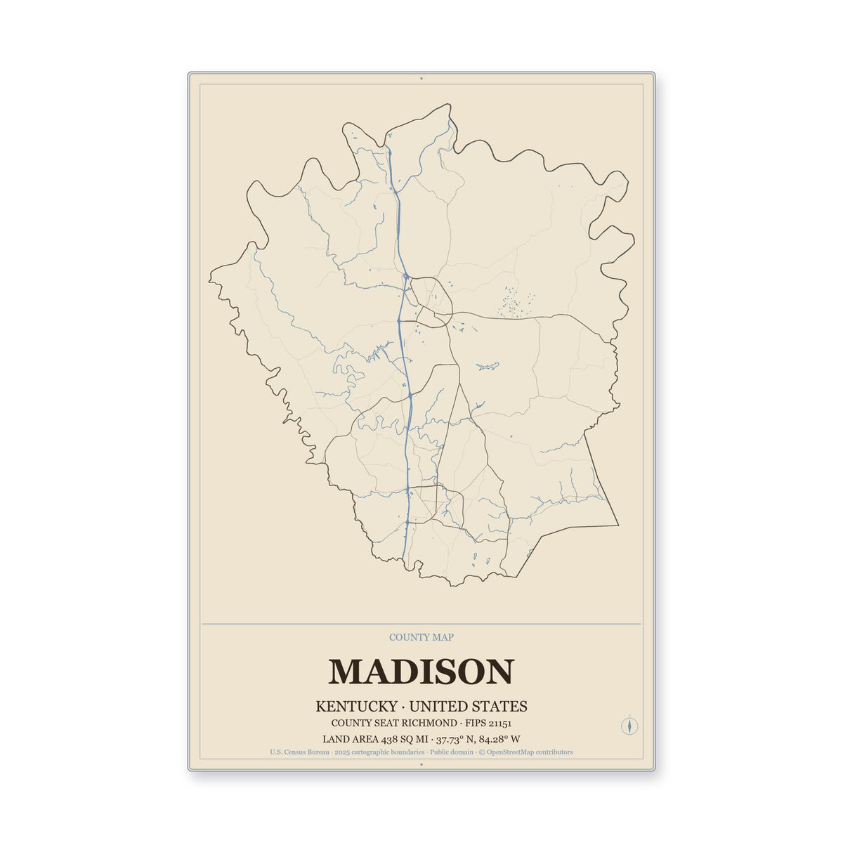 Madison County, Kentucky Map Aluminum Sign in Heritage Nautical style