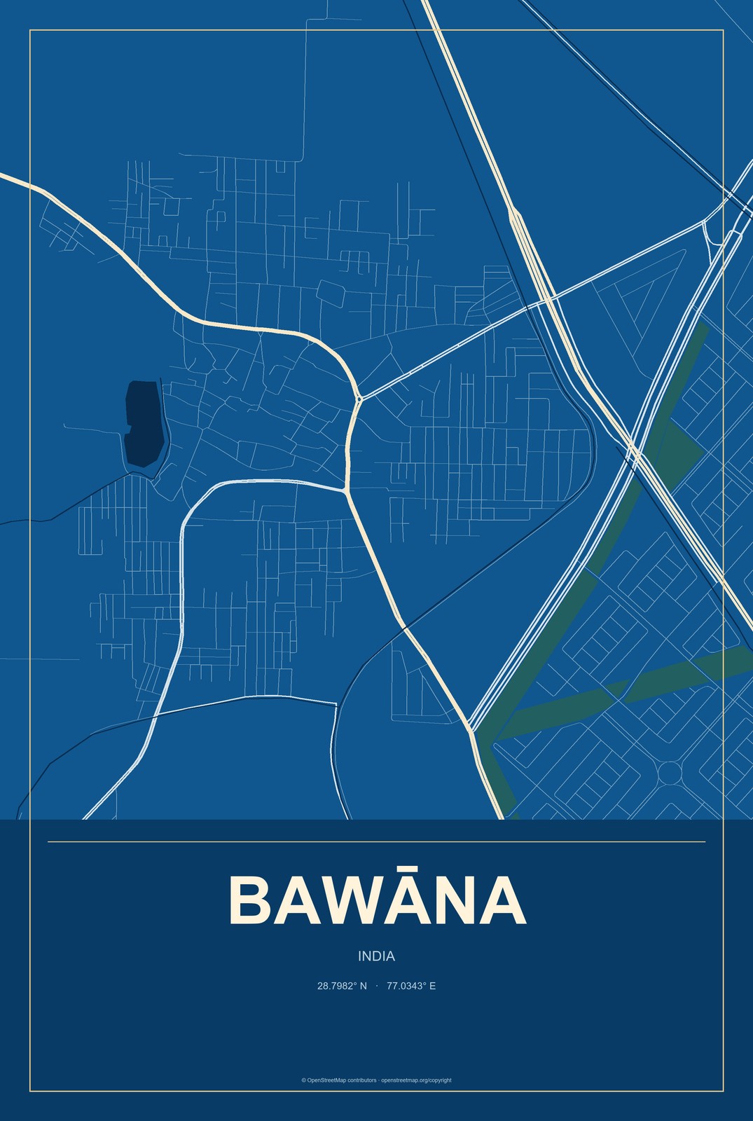 Bawāna, India City Map Aluminum Sign in Harbor Cobalt style