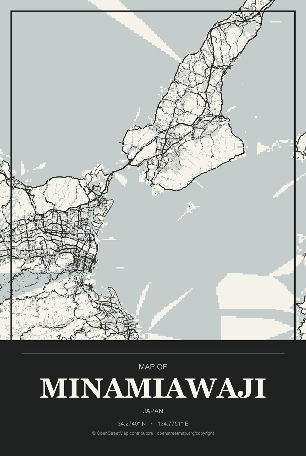 Minamiawaji, Japan City Map Aluminum Sign in Museum Plaque style