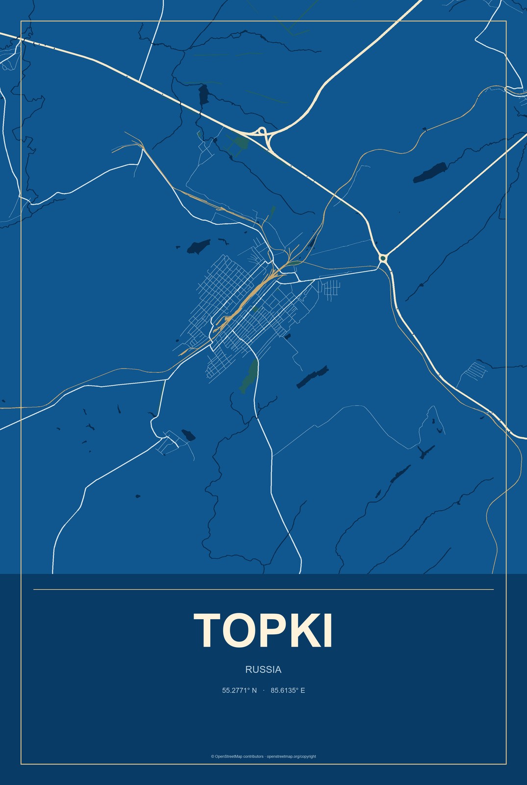 Topki, Russia City Map Aluminum Sign in Harbor Cobalt style
