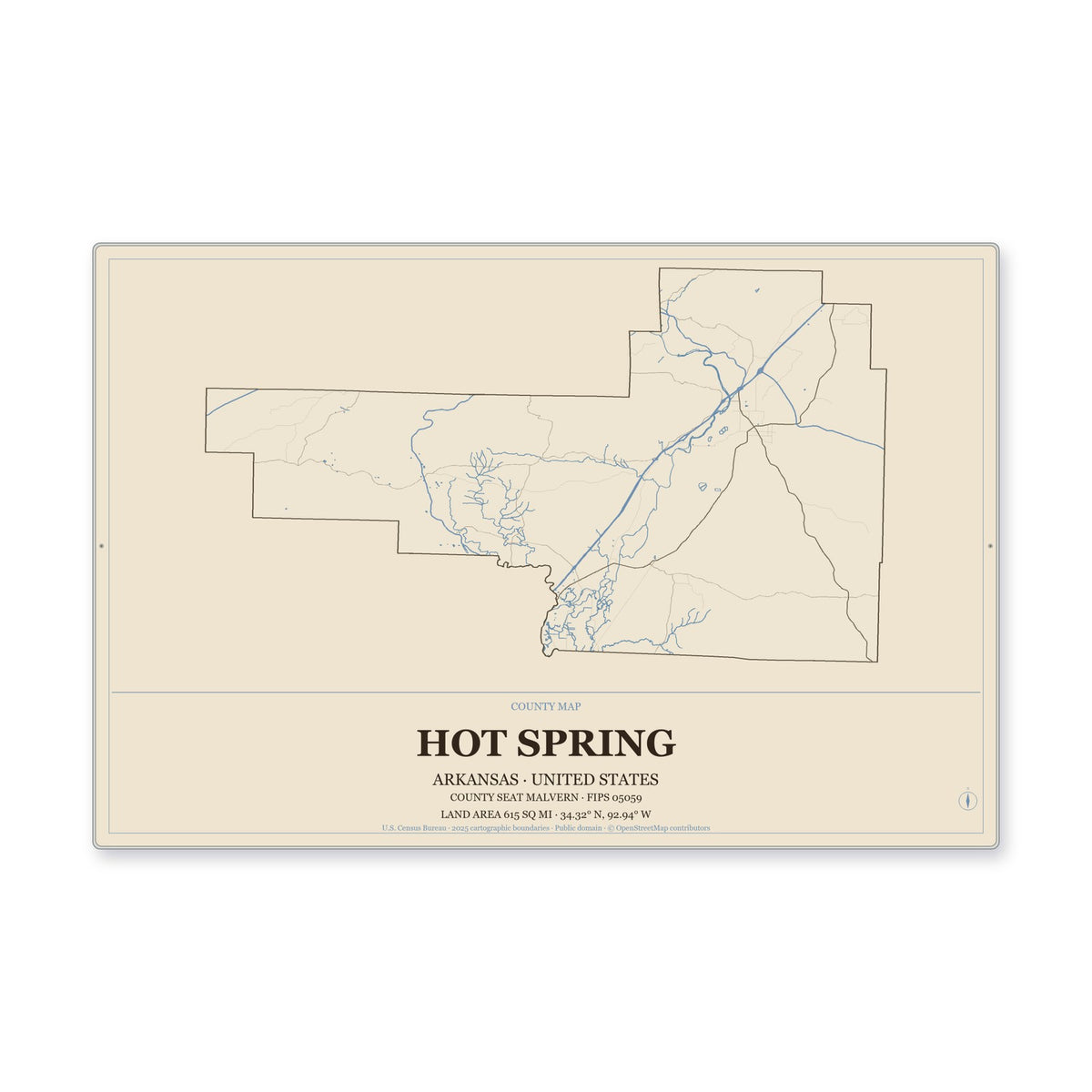Hot Spring County, Arkansas Map Aluminum Sign in Heritage Nautical style