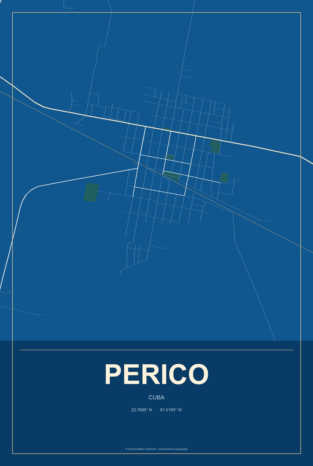 Perico, Cuba City Map Aluminum Sign in Harbor Cobalt style