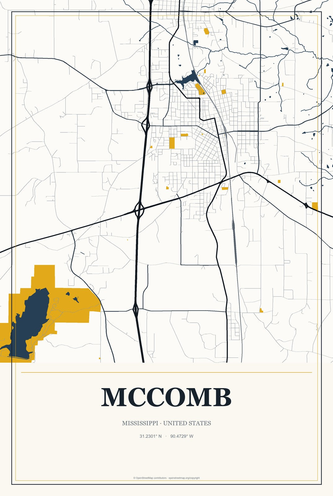 McComb, Mississippi City Map Aluminum Sign in Citrine Modern style