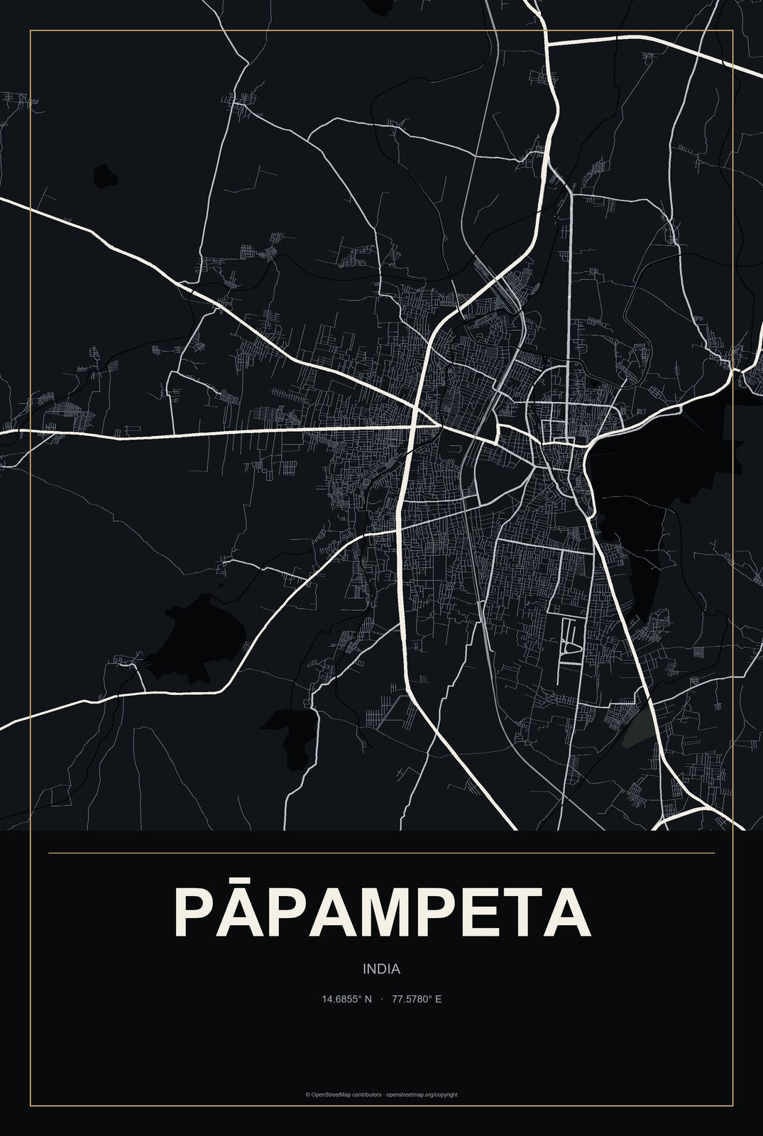 Pāpampeta, India City Map Aluminum Sign in Metropolitan Noir style