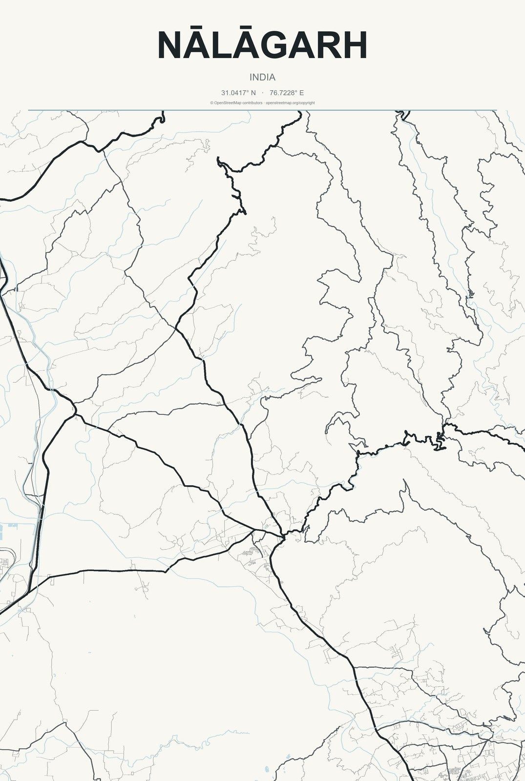 Nālāgarh, India City Map Aluminum Sign in Headline Atlas style