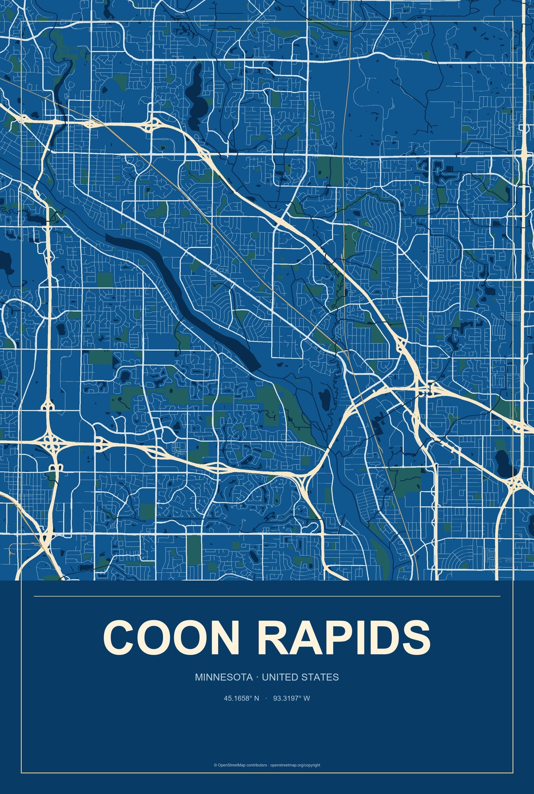 Coon Rapids, Minnesota City Map Aluminum Sign in Harbor Cobalt style