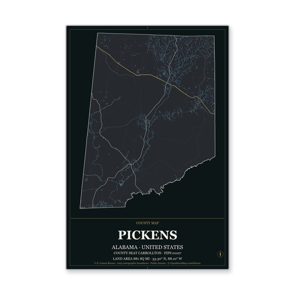 Pickens County, Alabama Map Aluminum Sign in Metropolitan Noir style