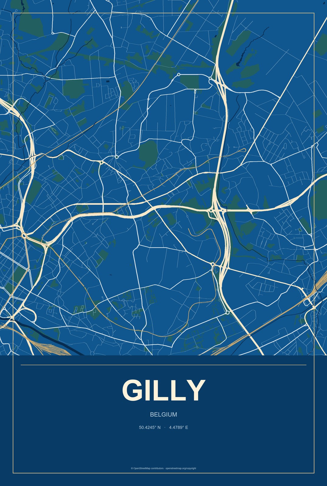 Gilly, Belgium City Map Aluminum Sign in Harbor Cobalt style