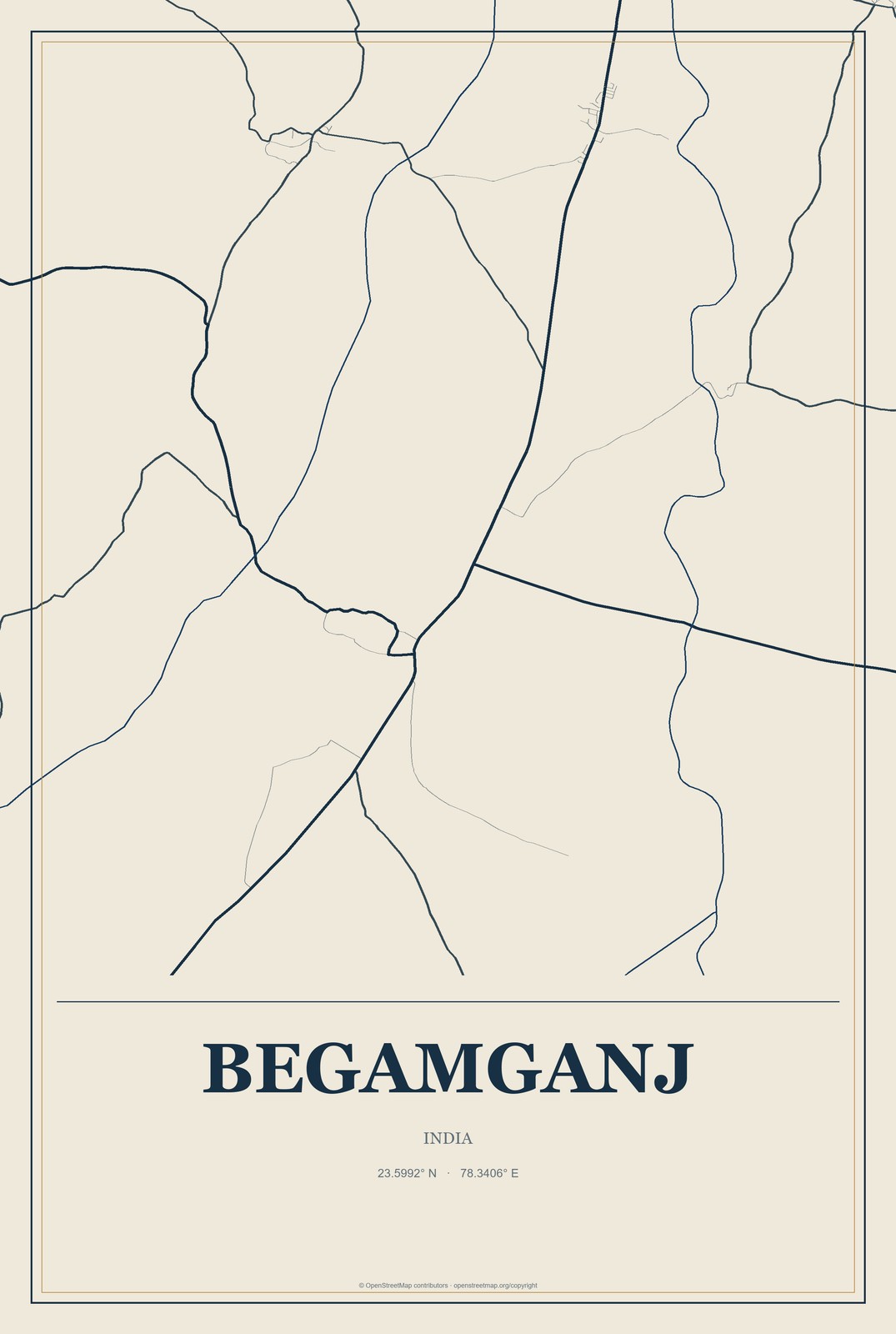 Begamganj, India City Map Aluminum Sign in Coastal Cutout style