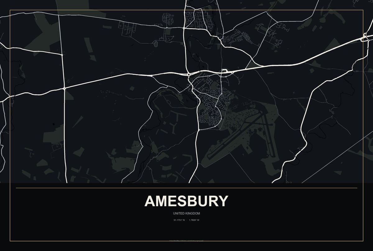 Amesbury, United Kingdom City Map Aluminum Sign in Metropolitan Noir style