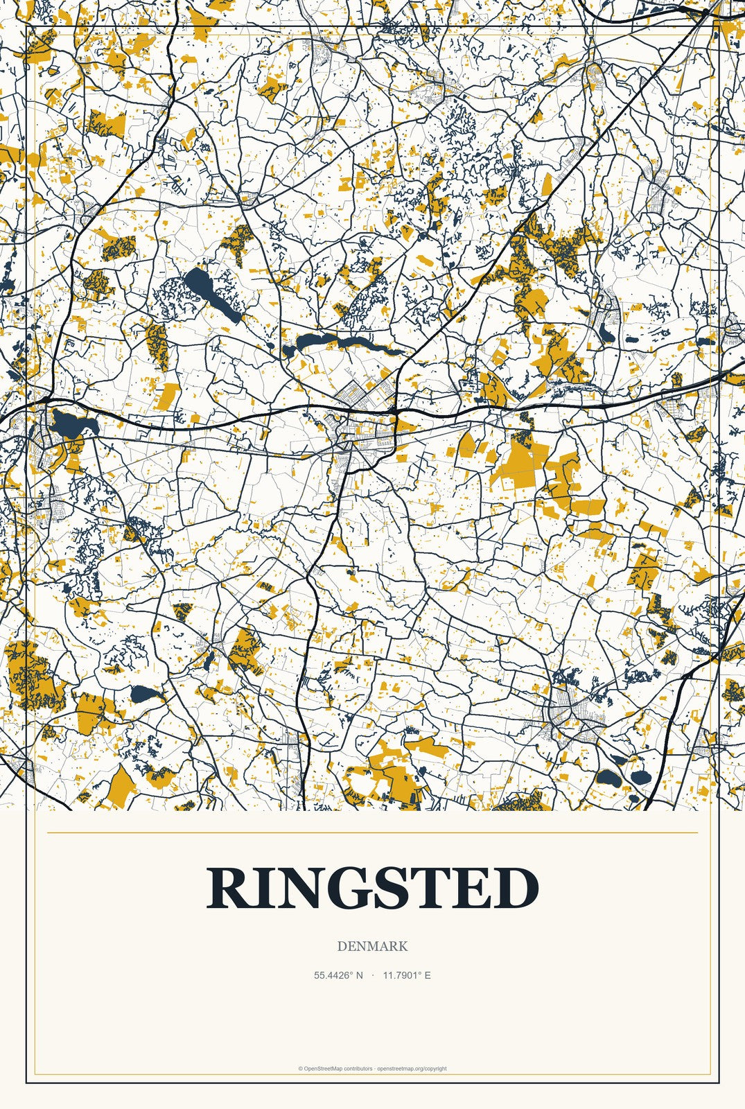 Ringsted, Denmark City Map Aluminum Sign in Citrine Modern style