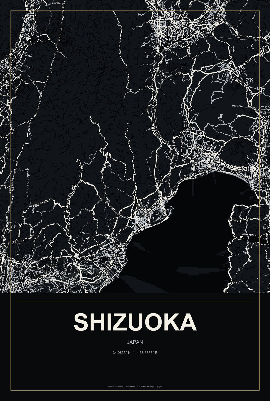 Shizuoka, Japan City Map Aluminum Sign in Metropolitan Noir style