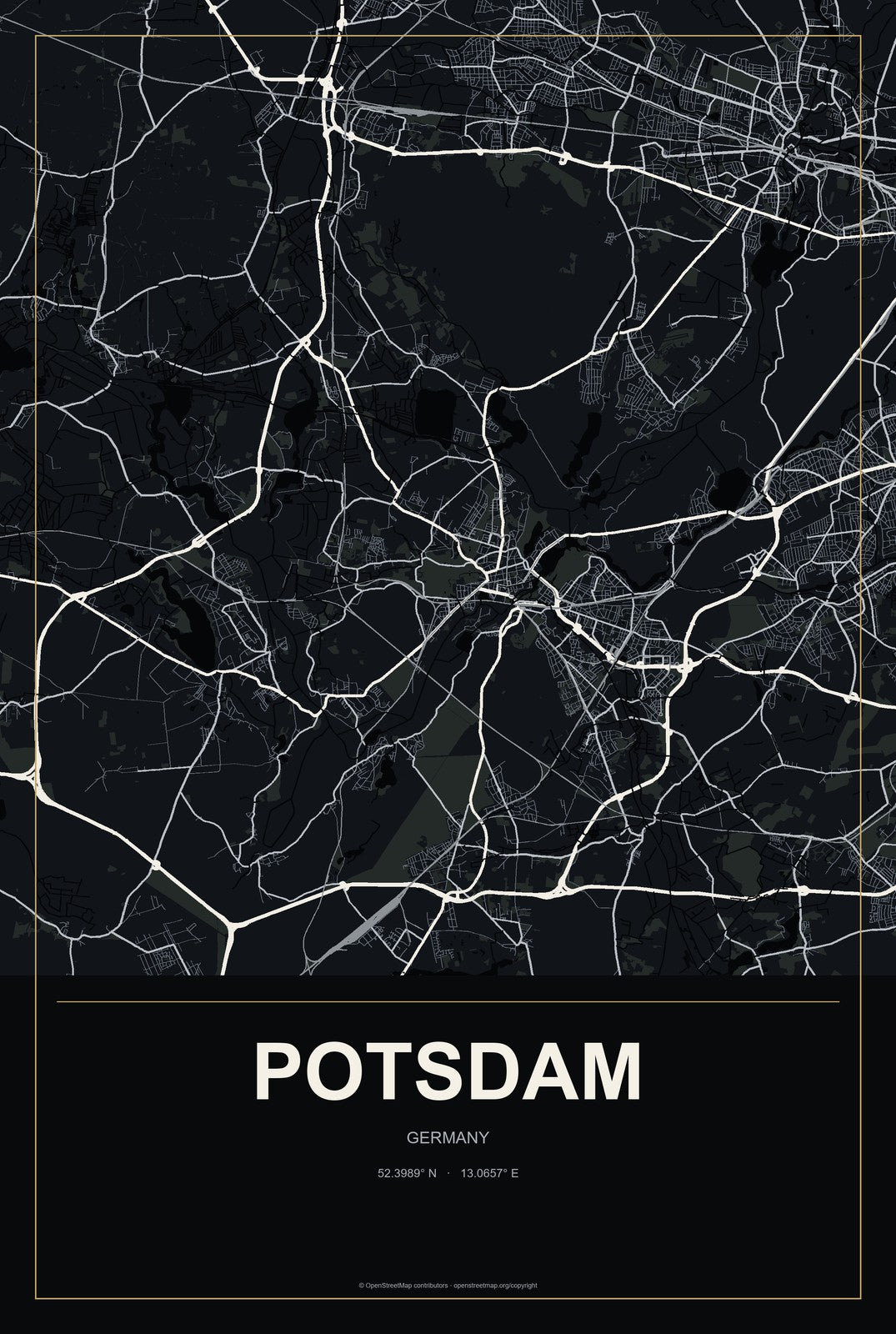 Potsdam, Germany City Map Aluminum Sign in Metropolitan Noir style