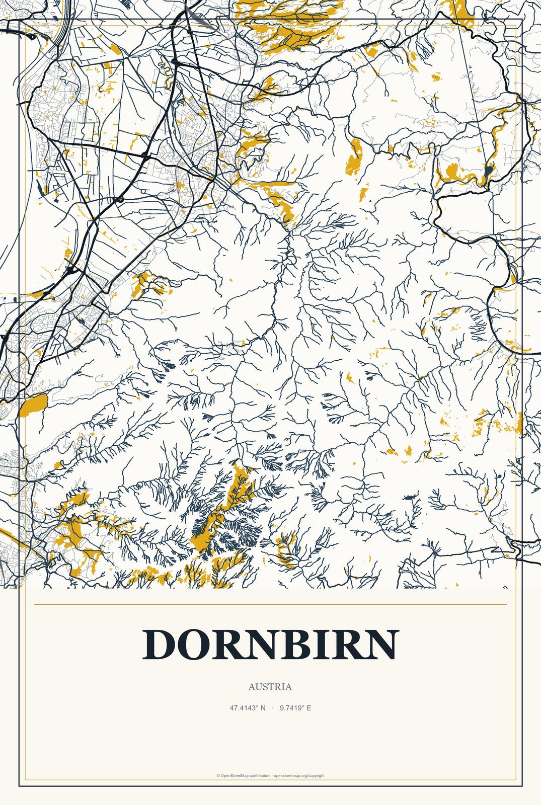 Dornbirn, Austria City Map Aluminum Sign in Citrine Modern style