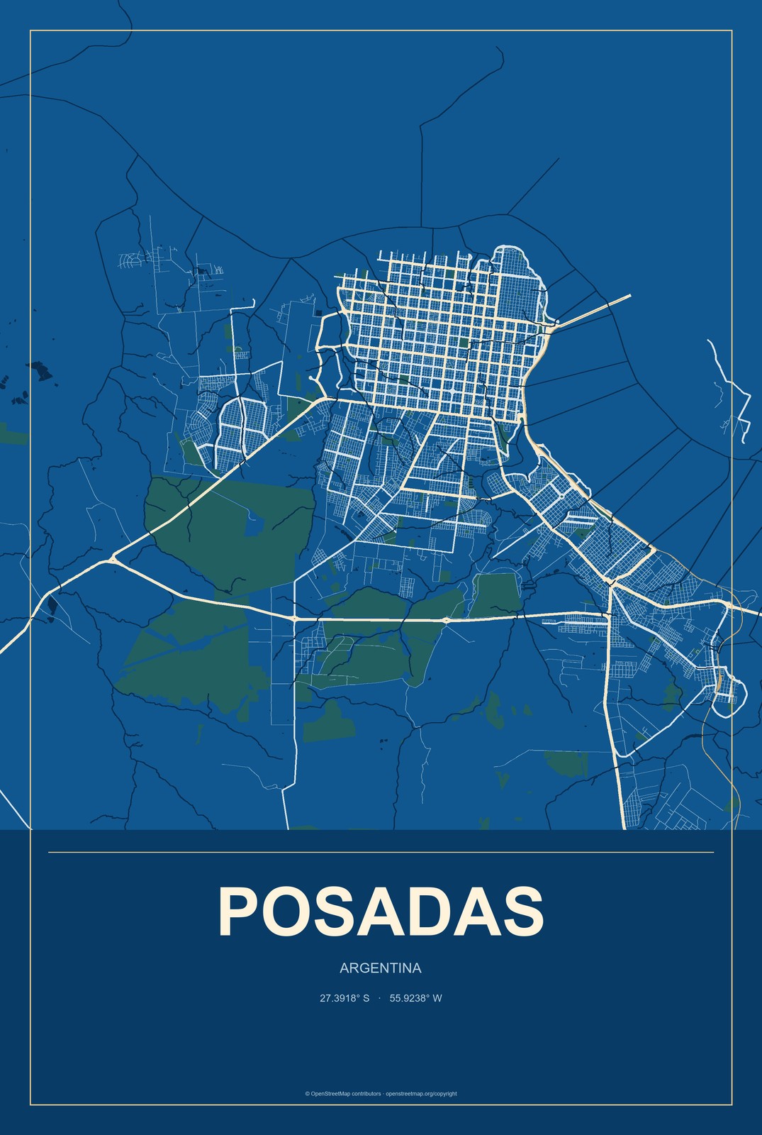 Posadas, Argentina City Map Aluminum Sign in Harbor Cobalt style