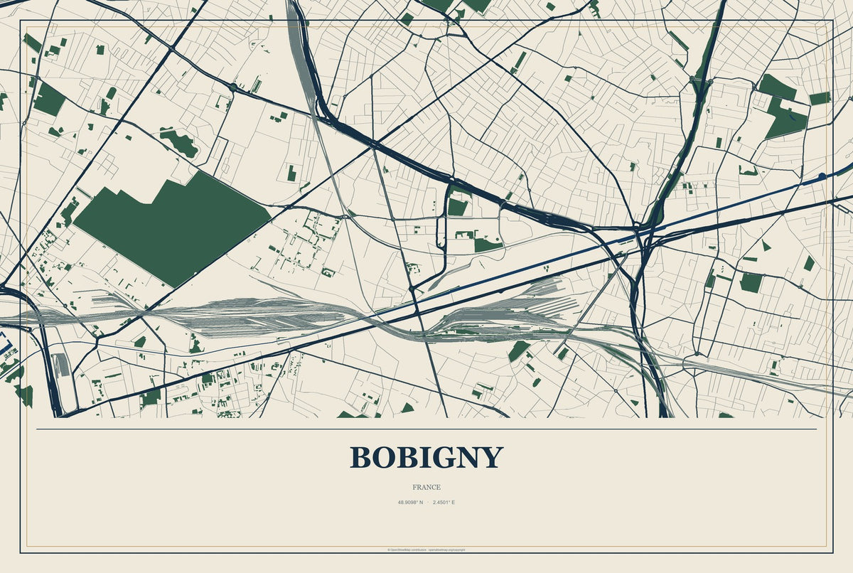 Bobigny, France City Map Aluminum Sign in Coastal Cutout style