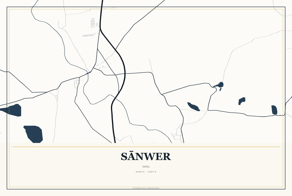 Sānwer, India City Map Aluminum Sign in Citrine Modern style