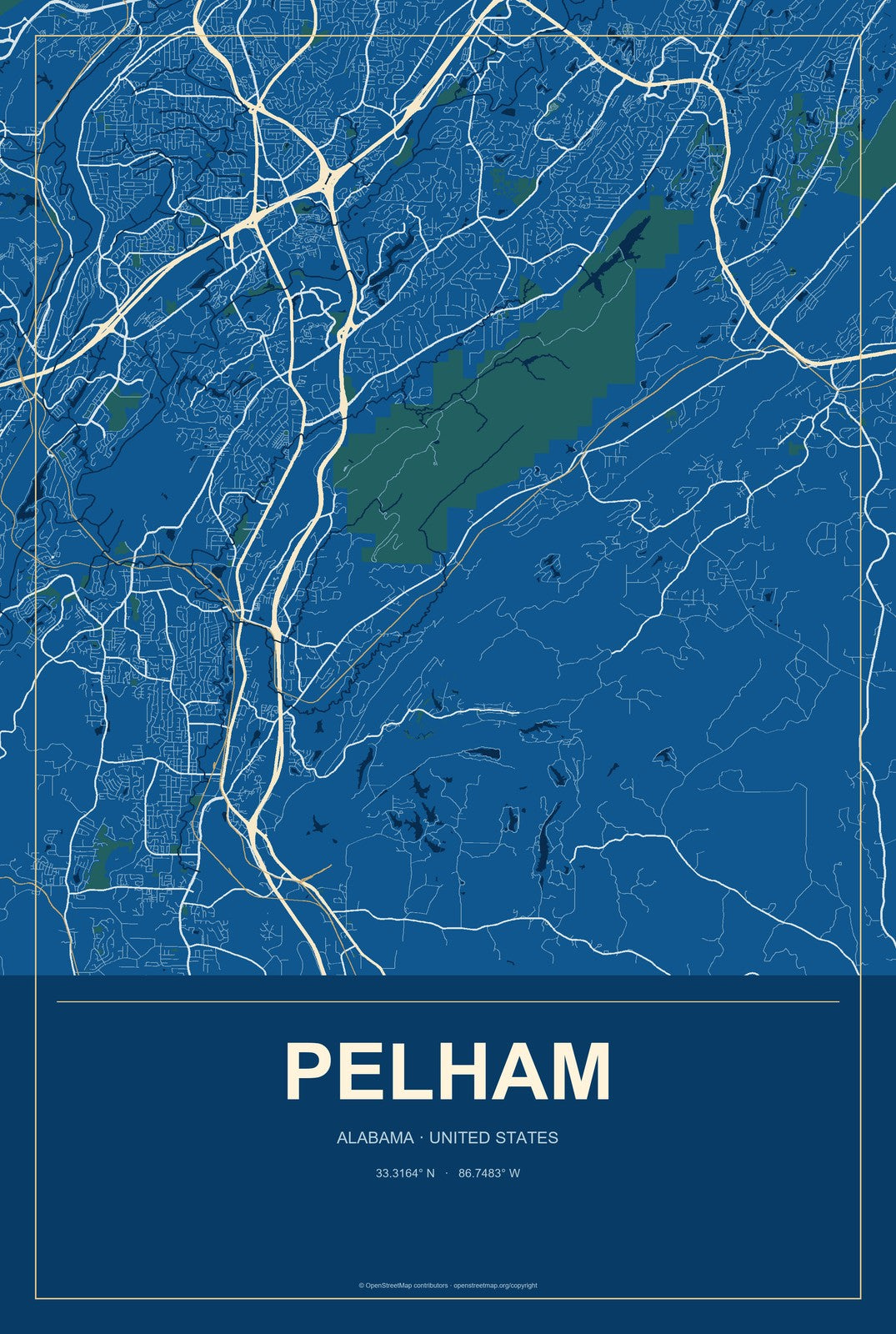 Pelham, Alabama City Map Aluminum Sign in Harbor Cobalt style