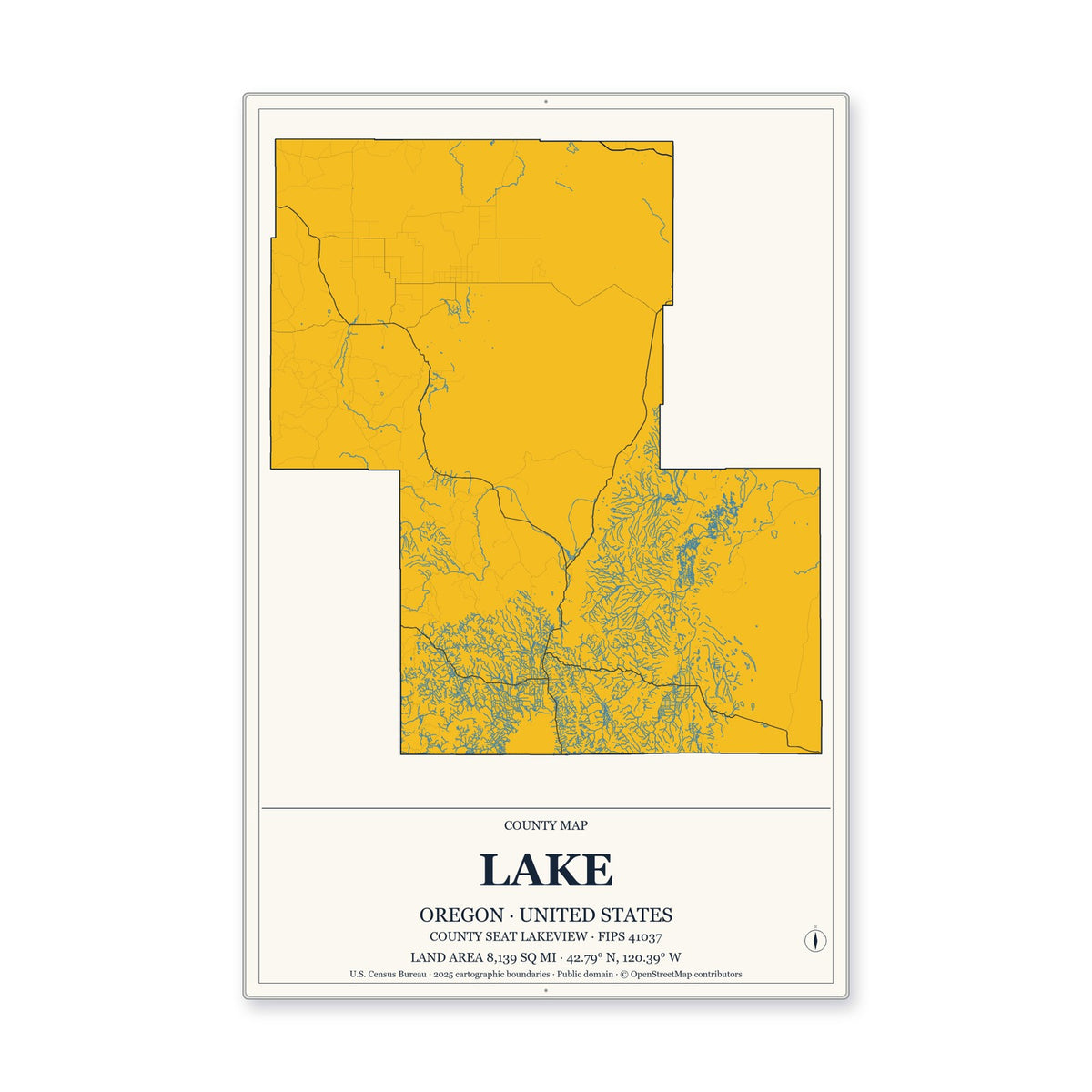 Lake County, Oregon Map Aluminum Sign in Citrine Modern style