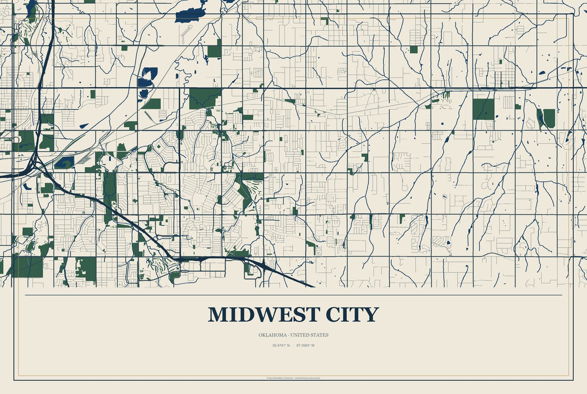 Midwest City, Oklahoma City Map Aluminum Sign in Coastal Cutout style