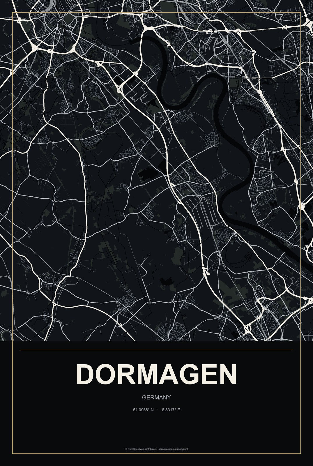 Dormagen, Germany City Map Aluminum Sign in Metropolitan Noir style