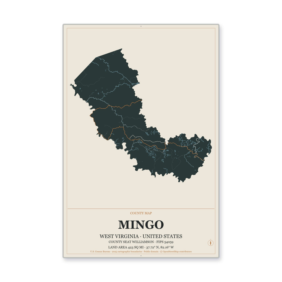 Mingo County, West Virginia Map Aluminum Sign in Headline Atlas style