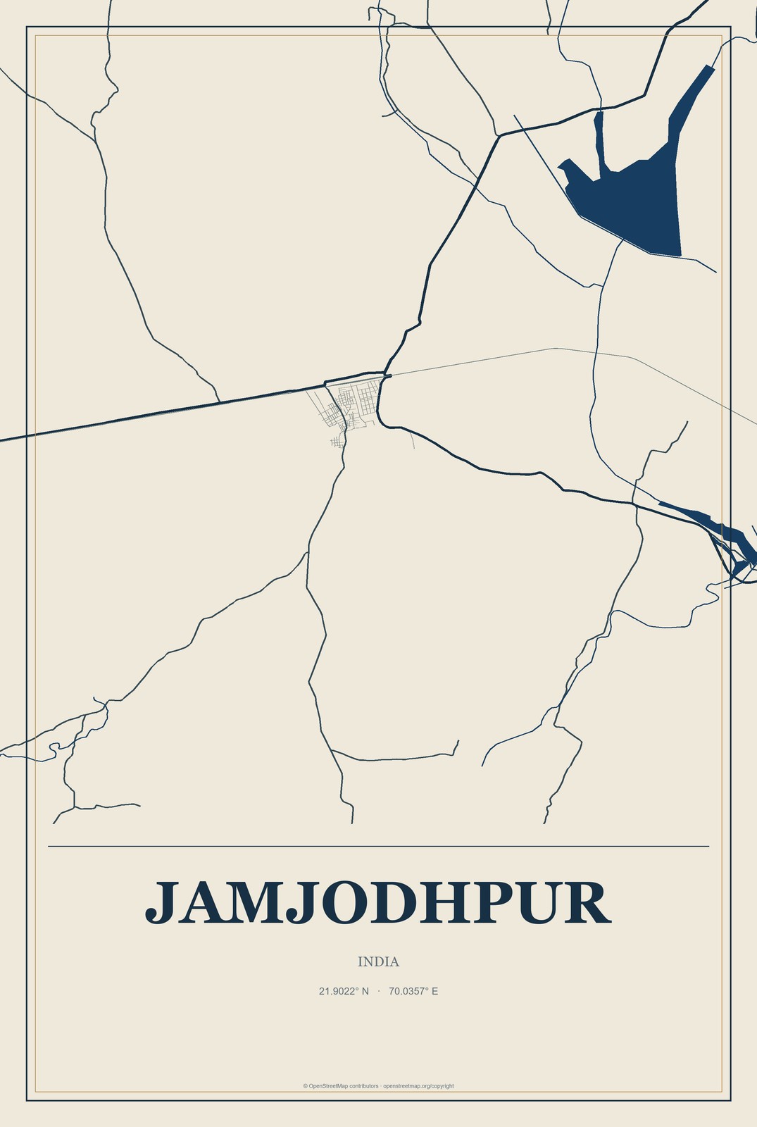 Jamjodhpur, India City Map Aluminum Sign in Coastal Cutout style